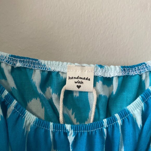 Handmade Children's 100% Cotton Blue Pattern White Elastic Waist Dress - Picture 3 of 10